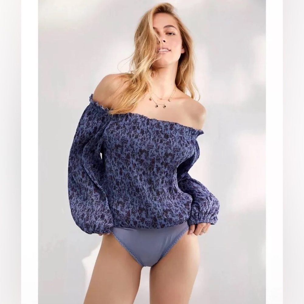 Free People Pretty Petal Blue Off Shoulder Bodysuit Boho Balloon Sleeve M